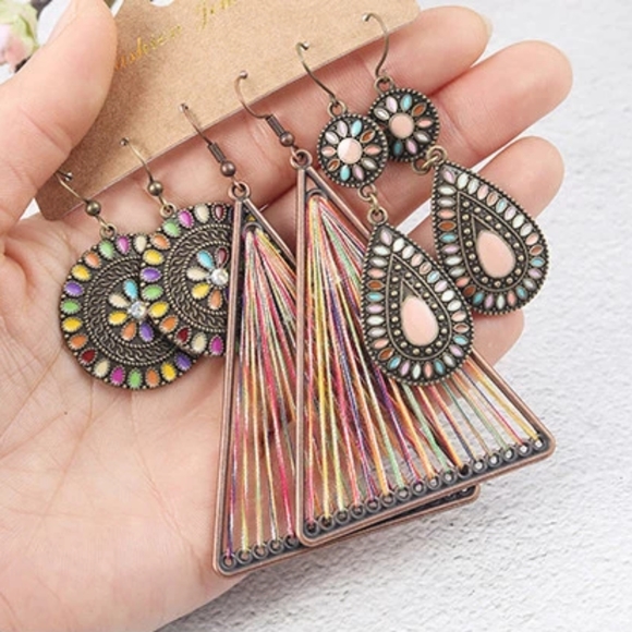 Last 3 Pair Set Tribal Bohemian Dangle Earrings - Picture 2 of 9